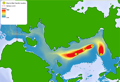 colorful computer-generated model showing ship ballast water dispersion near a coastline